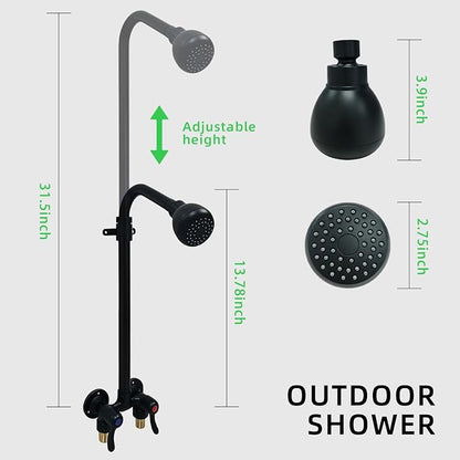 Outdoor Shower Kit Dual Handle Extendable Exposed Pipe Outdoor Shower Fixtures System with ABS Showerhead Solid Brass 4 Inch Center Mix Valve Matte Black