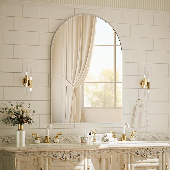 BEAUTYPEAK 30"x40" Arch Bathroom Wall Mirror, Silver | Wall Mounted Vanity Metal Frame Mirror for Bedroom, Entryway, Living Room, Fireplace