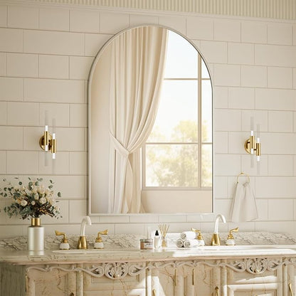 BEAUTYPEAK 30"x40" Arch Bathroom Wall Mirror, Silver | Wall Mounted Vanity Metal Frame Mirror for Bedroom, Entryway, Living Room, Fireplace