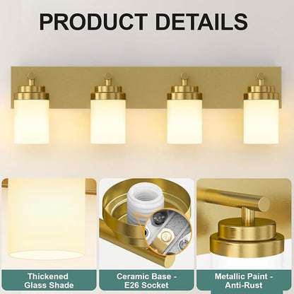 IZORRO Bathroom Vanity Light Fixture, 4-Light 30 Inch Gold Bathroom Light Fixtures Over Mirror, with White Glass Shade, Modern Farmhouse Vanity Lights, Rustic Restroom Lighting Fixtures