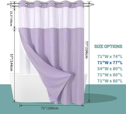 No Hook Waffle Shower Curtain with Snap-in Liner, 71x77 Inch, Lavender | 230 GSM waffle weave fabric, waterproof liner set with 2 bottom magnets, mesh top window, washable, for bathroom or hotel use