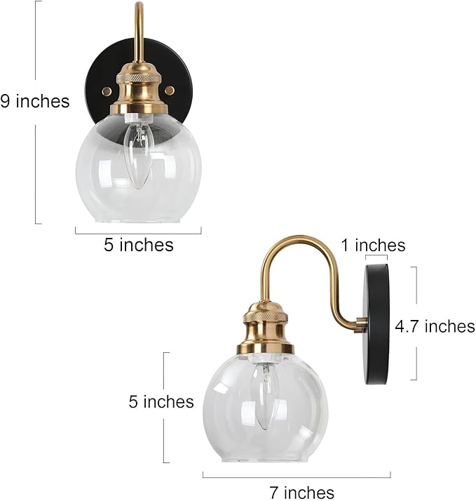 KSANA Black Gold Sconce, Modern Globe Wall Sconces Lighting with Clear Glass Shade, 1-Light Brass Wall Mounted Light Fixture for Bathroom, Kitchen, Bedroom and Stairway