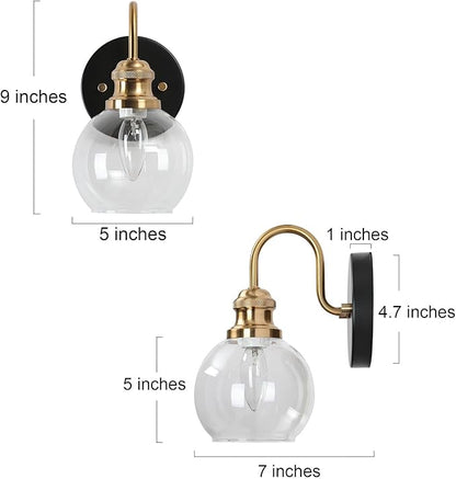 KSANA Black Gold Sconce, Modern Globe Wall Sconces Lighting with Clear Glass Shade, 1-Light Brass Wall Mounted Light Fixture for Bathroom, Kitchen, Bedroom and Stairway