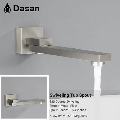 DASAN Tub Shower Faucets Sets Complete Brushed Nickel Bathtub Shower System with Tub Spout, Bathtub Faucet Set Tub and Shower Faucet Combo Trim Kit with Rough-in Valve, DA-SS03BN-S10W