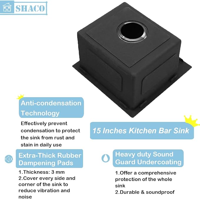 15x15 Drop In Black Bar Sink, 15 Inch Stainless Steel Top Mount Gunmetal Black 16 Gauge Single Bowl Small Kitchen Outdoor RV Sink with Strainer Drain