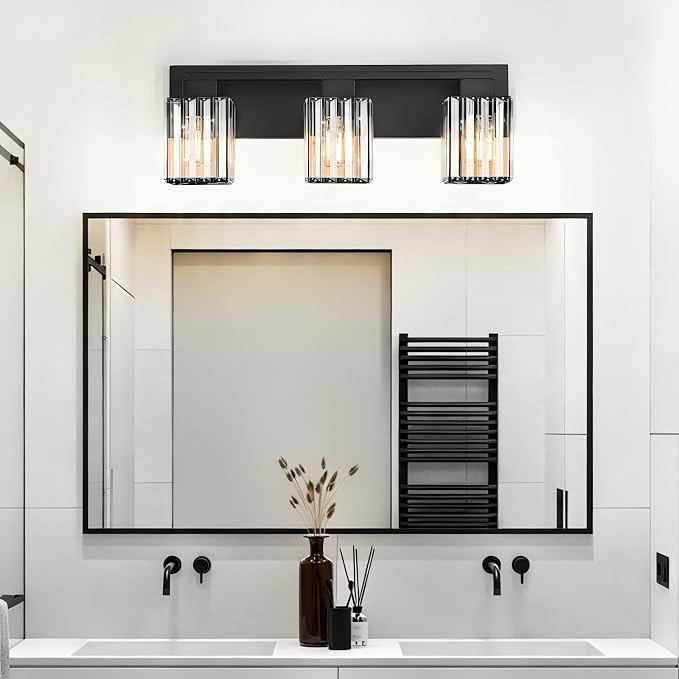 3-Light Modern Bathroom Light Fixtures, Black Vanity Light Over Mirror | Bathroom Vanity Wall Light with Square Crystal Shades, Vanity Lights for for Mirror, Bathroom, Restroom, E26 Socket, ETL