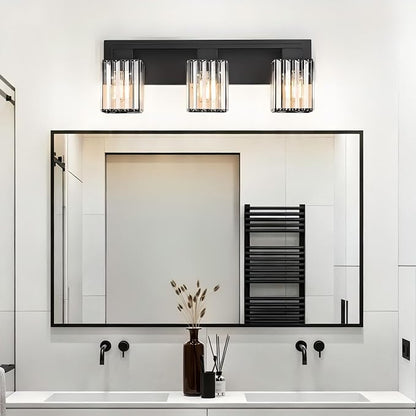 3-Light Modern Bathroom Light Fixtures, Black Vanity Light Over Mirror | Bathroom Vanity Wall Light with Square Crystal Shades, Vanity Lights for for Mirror, Bathroom, Restroom, E26 Socket, ETL