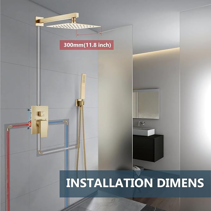 Aolemi Shower Faucet Set Rain Shower System with Handheld Spray Bathroom Shower Combo Rough-in Valve and Shower Trim Kit Included Brushed Gold 12 Inch Wall Mount Shower Head