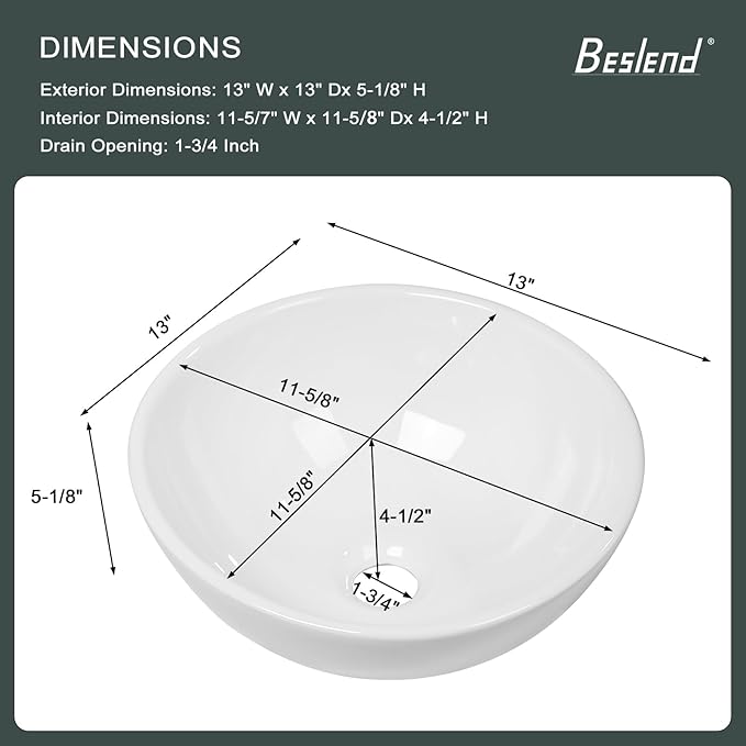 Round Bathroom Vessel Sink Bowl - 16x16 inch Modern Above Counter Sink White Porcelain Ceramic Art Basin