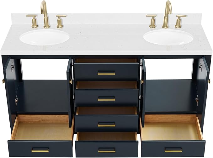 ARIEL Cambridge 66-inch Bathroom Vanity with Sink,Solid Wood, 1.5-inch Carrara White Quartz Countertop, Double Oval Porcelain Sink, 4 Soft Closing Doors, 6 Dovetail Drawers, Midnight Blue