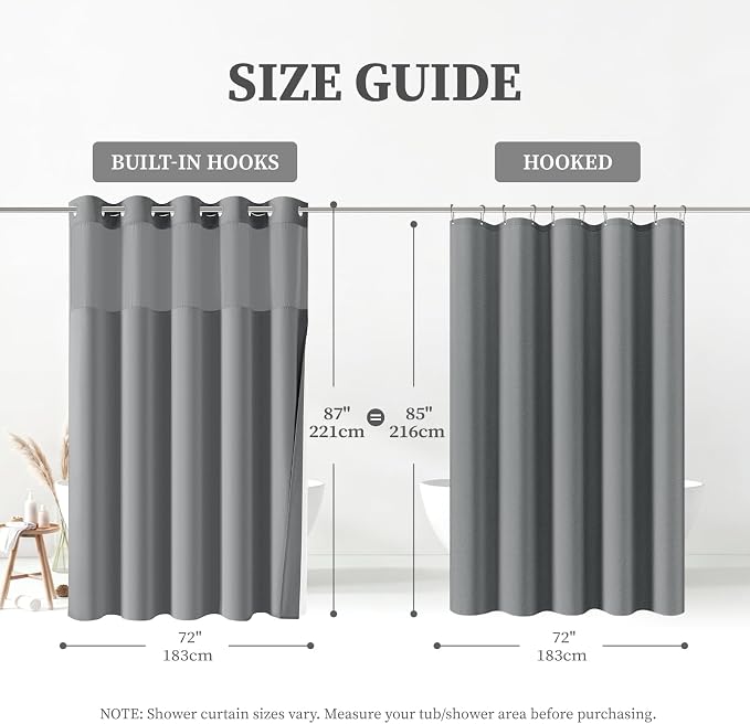 72x87 Ringless Linen Textured Shower Curtain with Snap in Liner, Grey | Extra Long Size, 3 in 1 Durable Fabric Shower Curtain, Removable Liner, Waterproof & Washable, Mesh Top Window, Easy Setup