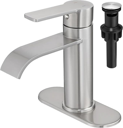 VOTON Waterfall Bathroom Faucet Brushed Nickel, Single Handle 1 or 3 Hole Modern Sink Faucet with Deck Plate & Pop-Up Drain, Vanity Washbasin Tap