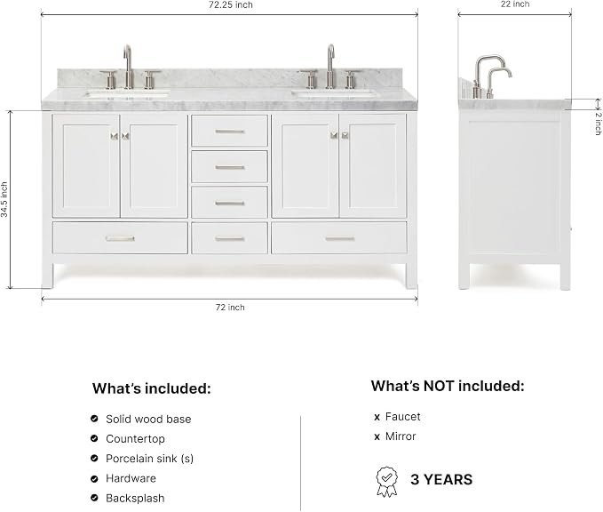 ARIEL Cambridge 72-inch Bathroom Vanity with Sink,Solid Wood, 2-inch Italian Carrara Marble Countertop, Double Rectangular Porcelain Sink, 4 Soft Closing Doors, 6 Dovetail Drawers, White