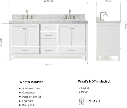 ARIEL Cambridge 72-inch Bathroom Vanity with Sink,Solid Wood, 2-inch Italian Carrara Marble Countertop, Double Rectangular Porcelain Sink, 4 Soft Closing Doors, 6 Dovetail Drawers, White