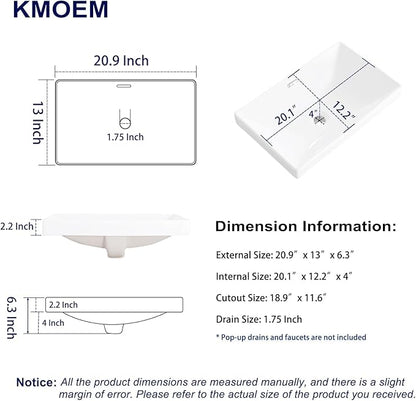 Semi Recessed Bathroom Sink 21"x13" Vessel Sink Drop-in White Porcelain Ceramic Modern Rectangular Sinks Basin Vanity Sinks with Overflow for Bathrooms