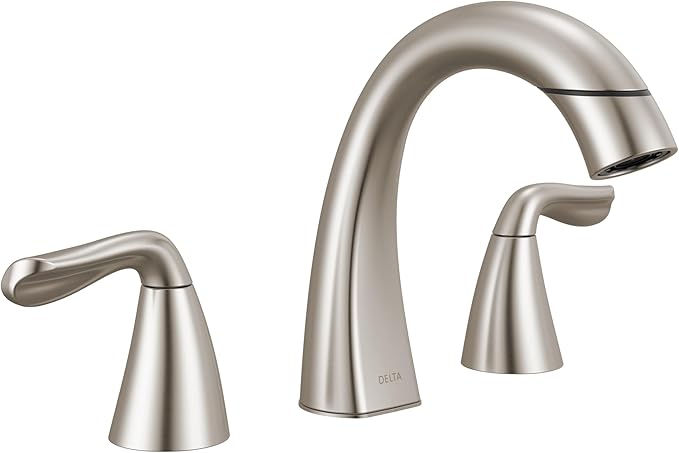 Delta Arvo Brushed Nickel Bathroom Faucet with Sprayer, 8 Inch 3 Hole Widespread Bathroom Sink Faucet with Pull Out Sprayer, Push-Pop Drain, SpotShield Stainless 35840LF-SPPD