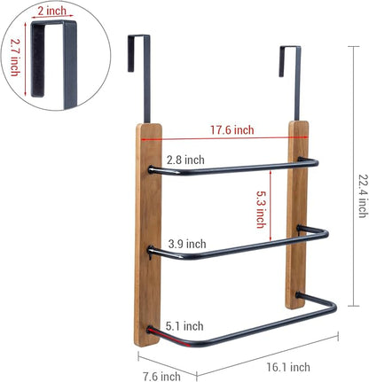 MyGift Over The Door Towel Rack for Bathroom, Rustic Solid Burnt Wood Towel Storage Organizer, 3 Tier Matte Black Metal Towel Bar, Space Saving Bathroom Door Hanging Towel Holder | Compact Bathroom Hanging Solution For Bath Linens Robes Shower Essentia...