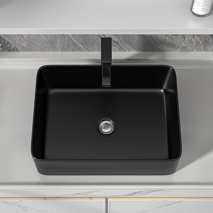 19"x15" Black Bathroom Vessel Sink Rectangular - Matte Black Porcelain Ceramic Rectangle Above Counter Vanity Lavatory Bath Sink Art Basin