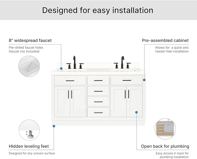 ARIEL Hepburn 60-inch Bathroom Vanity with Sink,Solid Wood, 1.5-inch Pure White Quartz Countertop & Backsplash, Double Rectangular Porcelain Sink, 4 Soft Closing Doors, 6 Dovetail Drawers, White
