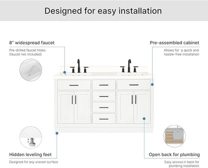 ARIEL Hepburn 60-inch Bathroom Vanity with Sink,Solid Wood, 1.5-inch Pure White Quartz Countertop & Backsplash, Double Rectangular Porcelain Sink, 4 Soft Closing Doors, 6 Dovetail Drawers, White