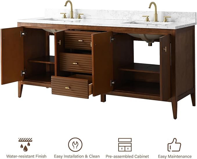 HOMEBEYOND 72" Bathroom Vanity with Double Sink, Solid Wood Bathroom Vanity Free-Standing Cabinet, Ceramic Top & Soft Closing Door, Golden Brushed Handware, Walnut
