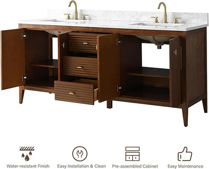 HOMEBEYOND 72" Bathroom Vanity with Double Sink, Solid Wood Bathroom Vanity Free-Standing Cabinet, Ceramic Top & Soft Closing Door, Golden Brushed Handware, Walnut