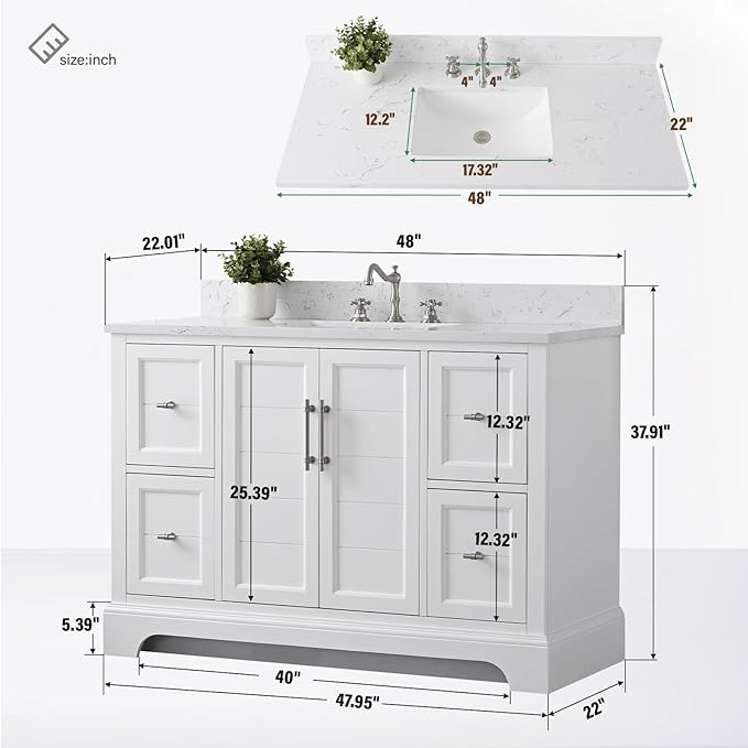 HOMEBEYOND 48 Inch Bathroom Vanity with Single Sink & Ceramic Top, Vanity Cabinet with Center Countertop Basin, Soft-Closing Doors, Backsplash,White