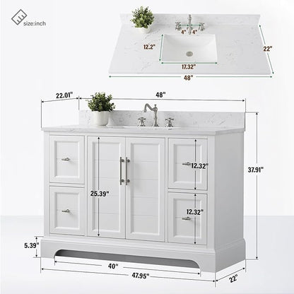 HOMEBEYOND 48 Inch Bathroom Vanity with Single Sink & Ceramic Top, Vanity Cabinet with Center Countertop Basin, Soft-Closing Doors, Backsplash,White