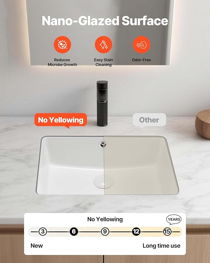 VEVOR Undermount Bathroom Sink, 18.5 x 13.19 Inch Rectangular White Ceramic Vessel Sink with Overflow Hole, Under Counter Drop in Modern Lavatory Vanity Bath Wash Bowl Basin, Rectangle Small Space