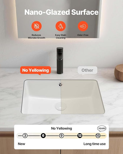 VEVOR Undermount Bathroom Sink, 18.5 x 13.19 Inch Rectangular White Ceramic Vessel Sink with Overflow Hole, Under Counter Drop in Modern Lavatory Vanity Bath Wash Bowl Basin, Rectangle Small Space