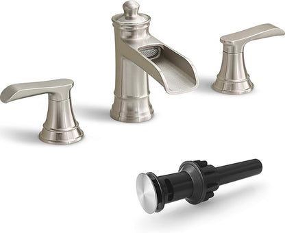 4-16 Inch Brushed Nickel Bathroom Faucet Waterfall, Brass Bathroom Sink Faucet 3 Hole 2 Handles Widespread with Pop-up Drain & Supply Hose for Vanity, Lavatory, Farmhouse Sink