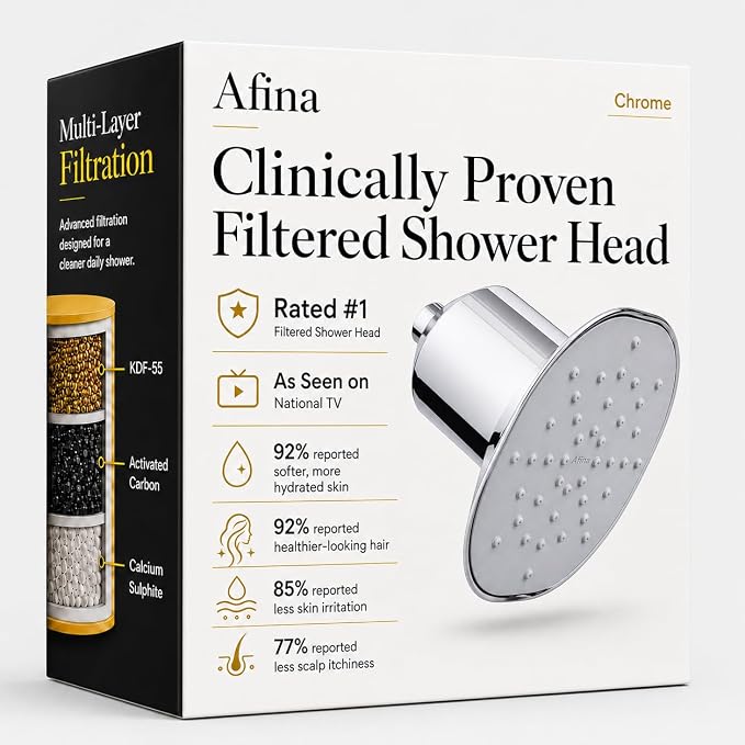 Afina Filtered Shower Head, High Pressure Rainfall (Chrome) | KDF-55 Shower Filter & Water Filter Showerhead for Hard Water, Reduces Chlorine for Softer Skin & Hair