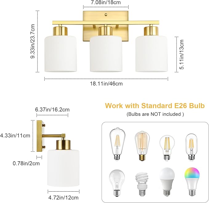 WILON 3-Light Brushed Gold Bathroom Lighting Fixtures Over Mirror, Modern Vanity Light with Milk White Glass Shades, Antique Brass Wall Lamp with E26 Bases