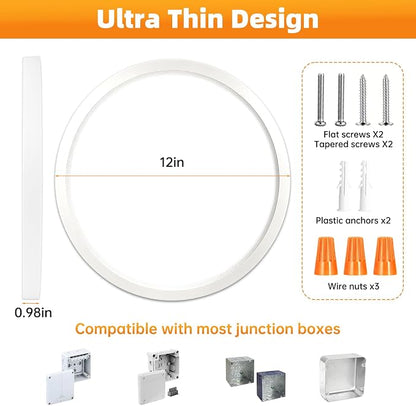 12Inch LED Flush Mount Ceiling Light,5CCT,ETL Listed,Dimmable White | Hardwired 5CCT Selectable 2700K-5000K,24W 3200LM Dimmable Round Flat Panel Light Fixture for Bedroom,Kitchen,Bathroom&Indoor