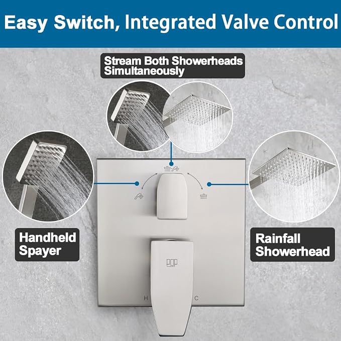 Shower Faucet Set Brushed Nickel Rainfall 10 Inch Shower Head and Handle Set Bathroom Rain Shower System Wall Mounted Shower Fixture Include Shower Valve and Trim Kit