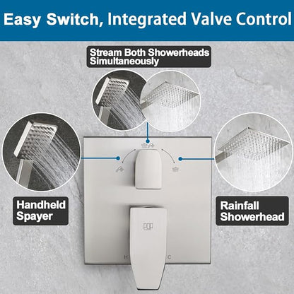 Shower Faucet Set Brushed Nickel Rainfall 10 Inch Shower Head and Handle Set Bathroom Rain Shower System Wall Mounted Shower Fixture Include Shower Valve and Trim Kit