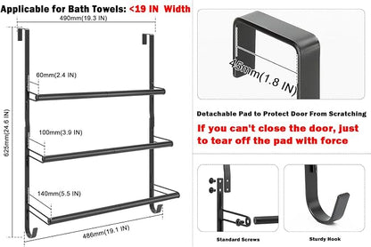 Livabber 3-Tier Over The Door Towel Rack, All Metal Towel Rack with Hooks for Door Hanging, Behind Door Towel Bar Towel Storage Holder for Bathroom Accessories, Black (19.37" L x 5.9" W x 24.4" H)