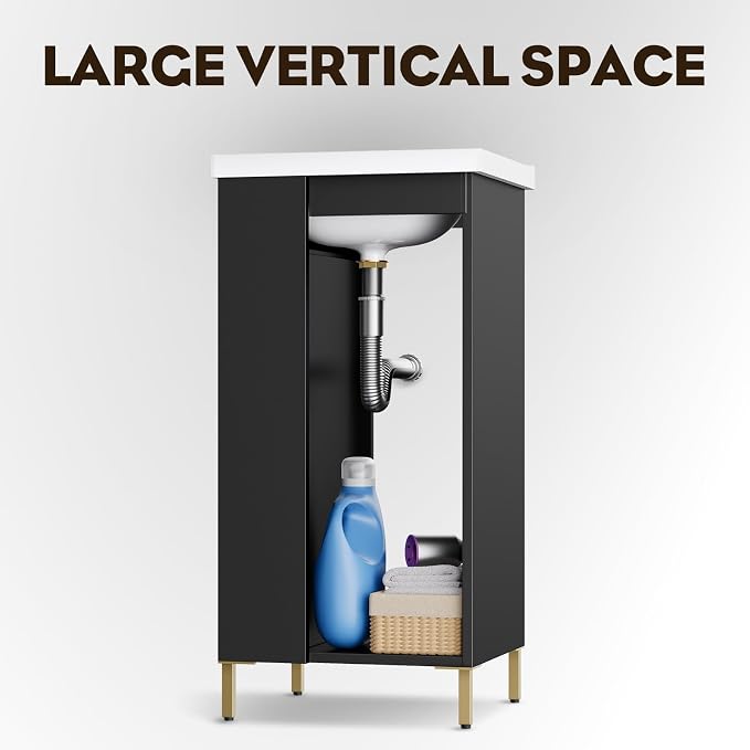 Pre-Assembled 16 Inch Black Small Bathroom Vanity, Freestanding Bathroom Cabinet with Ceramic Sink, Soft-Close Door, Left Side Storage, No Faucet, BV05-16-PUREBLACK-PLUS