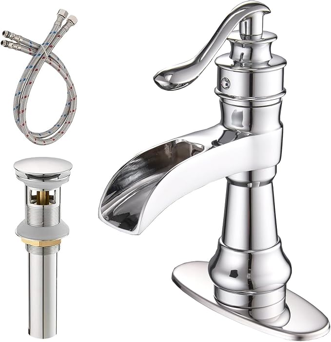 Waterfall Bathroom Sink Faucet Polished Chrome Farmhouse | Single-Handle, Single Hole Deck Mount, Includes Pop Up Drain with Overflow, Silver, Fingerprint Shedding Smooth Surface