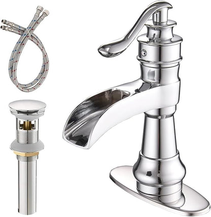 Waterfall Bathroom Sink Faucet Polished Chrome Farmhouse | Single-Handle, Single Hole Deck Mount, Includes Pop Up Drain with Overflow, Silver, Fingerprint Shedding Smooth Surface