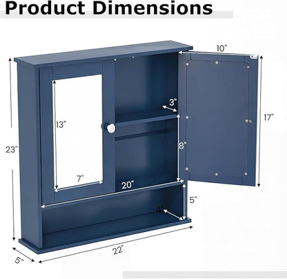 Tangkula Bathroom Medicine Cabinet with Mirror, Wall Mounted Wooden Hanging Organizer with Doors and Shelves, Bathroom Wall Mirror Cabinet (Mirror Doors, Blue)