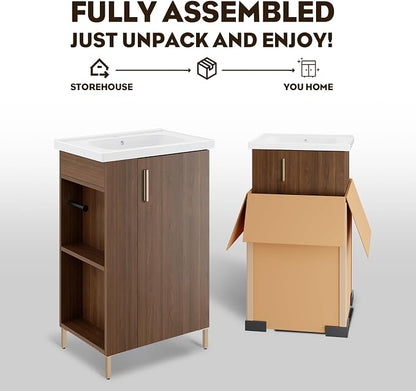 Pre-Assembled 20 Inch Small Bathroom Vanity, Freestanding Walnut Bathroom Cabinet with Ceramic Sink, Soft-Close Door, Left Side Storage, No Faucet, BV05-20-WALNUT-PLUS