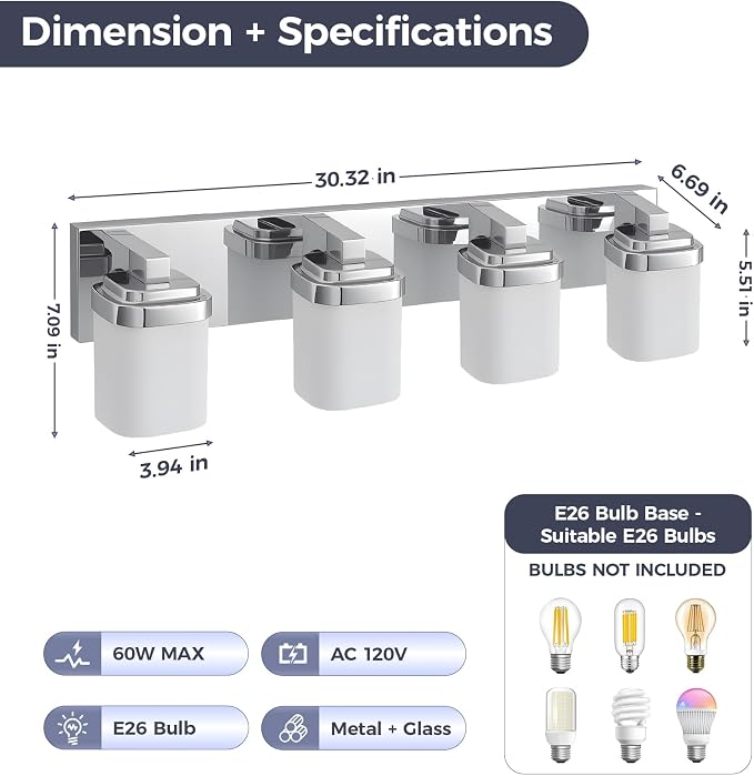 Modern Bathroom Vanity Lights, Bathroom Light Fixtures Over Mirror | 4-light chrome light fixture bathroom with milky white square glass shade, 29" farmhouse lighting fixtures lights for wall