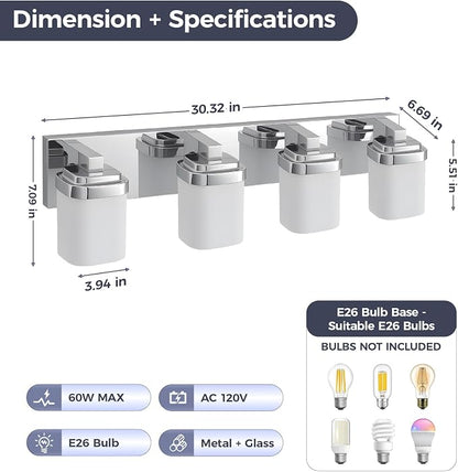 Modern Bathroom Vanity Lights, Bathroom Light Fixtures Over Mirror | 4-light chrome light fixture bathroom with milky white square glass shade, 29" farmhouse lighting fixtures lights for wall