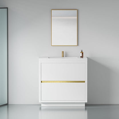 36 Inch Bathroom Vanity with Sink, Single Sink Bathroom Vanity, Freestanding Vanity Bathroom Soft Closed 2 Drawers, Integrated Sink (Glossy White)