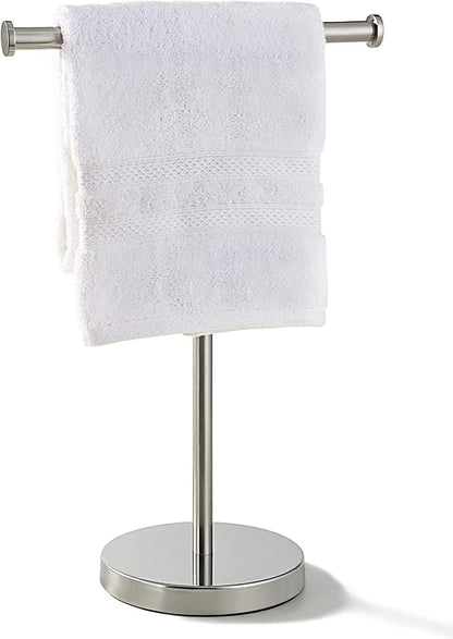 SunnyPoint Countertop Hand Towel Holder Stand – 16.5" Tall Stainless Steel T-Bar Rack with Weighted Base, Brushed Satin Nickel Finish – Jewelry Holder for Bathroom, Vanity, or Kitchen