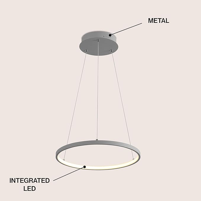 JONATHAN Y 15.75" Gray Modern Integrated LED Pendant Light, Dimmable Round Hoop Chandelier for Kitchen Island, Dining Room, Adjustable Height Metal Hanging Light (JYL7202E)