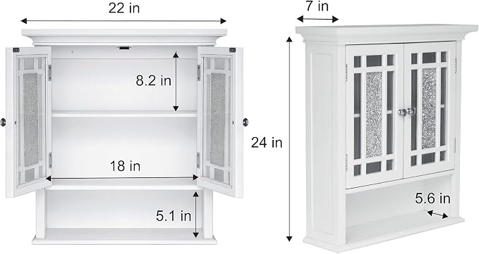Teamson Home Windsor White Engineered Wood Bathroom Wall Cabinet with Glass Mosaic Doors