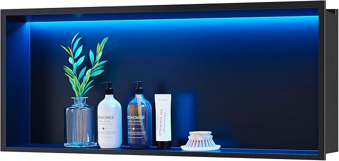 RGB LED Light Shower Niche, Matte Black 30X12 in Stainless Steel Wall Niche with Remote Control, Waterproof No Tile Needed Wall Niche for Bathroom Storage Built-in Installation