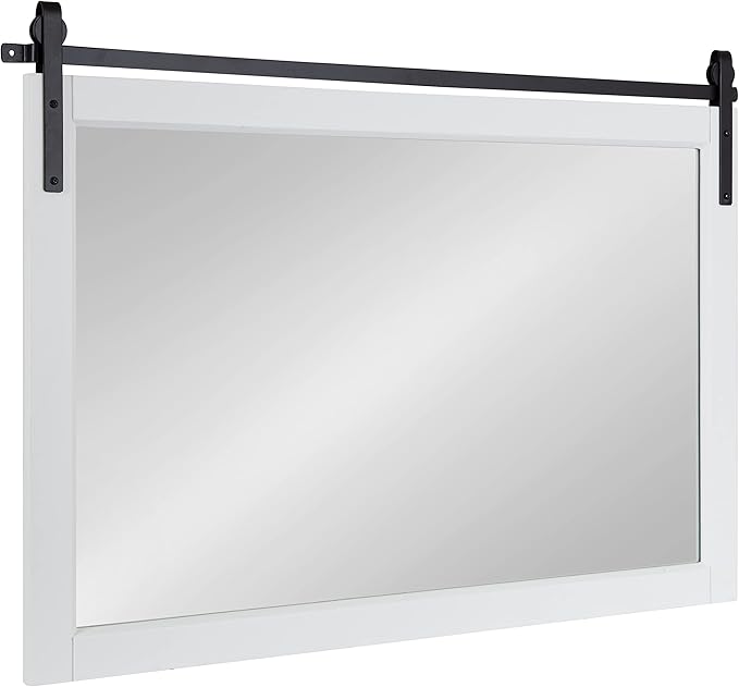 Kate and Laurel Skylan Modern Farmhouse Decorative Wood Framed Wall Mirror; 38 x 27; White and Black; Barn Door-Inspired Transitional Wall Hanging Mirror for Bathroom or Living Room Uses